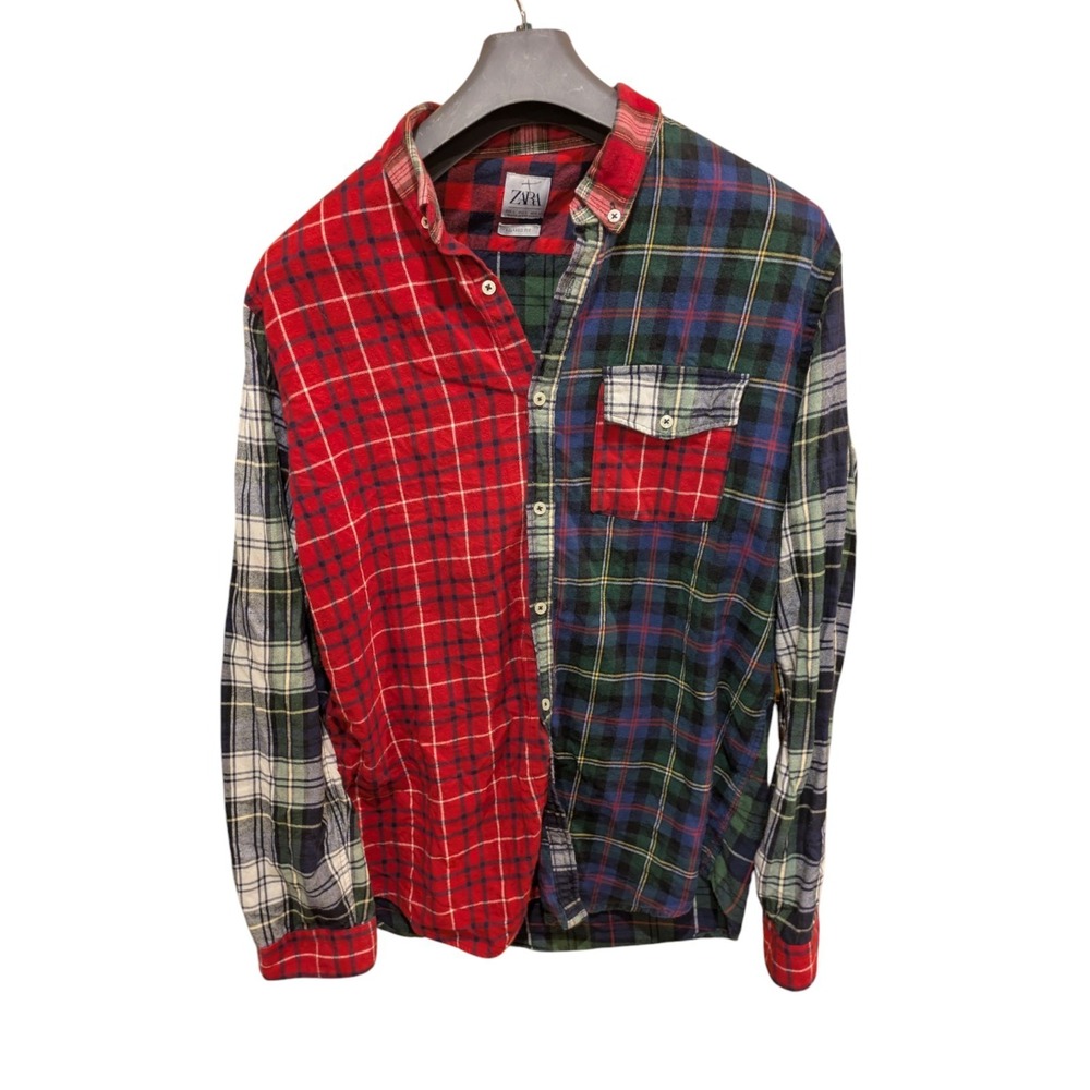 Zara‎ Patchwork Plaid Oxford Button Down Shirt Relaxed Fit Large
